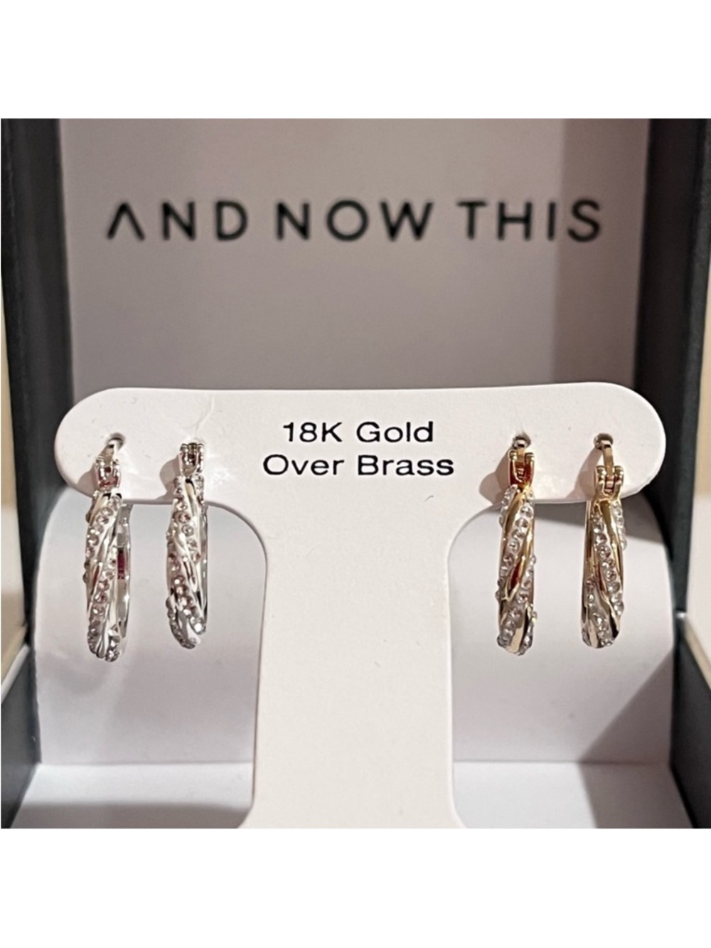 🆕 -Macy’s And Now This- 18K Gold Over Brass Crystal Twisted Hoop Earrings Set